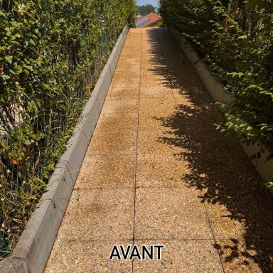 Allée pavée bordée de haies, vue depuis le bas vers le haut. Texte "AVANT" en bas.