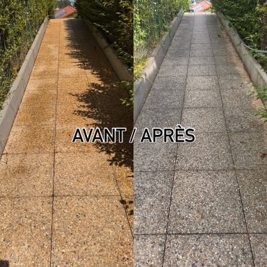 Allée avant et après nettoyage, montrant une différence de propreté nette.